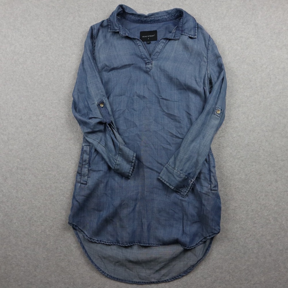 Velvet Heart Dress Womens Small V-Neck Shirt Collared Blue Roll‎ Tab Long Sleeve